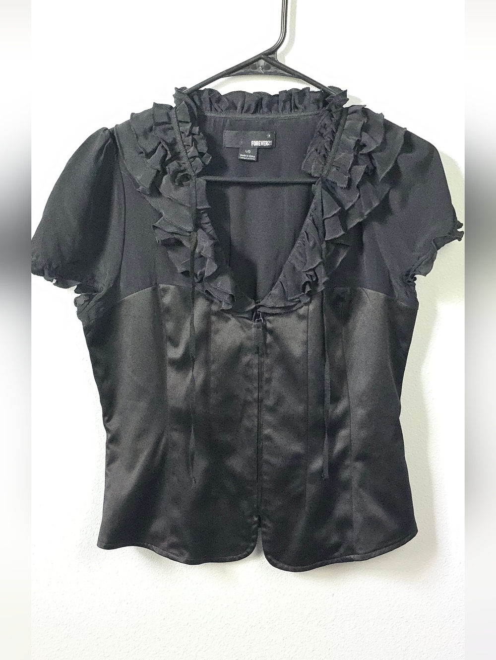 Forever 21 Black Satin & Ruffle Short Sleeve Blouse